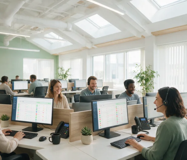Customer service team using AI call center software to handle high call volumes.