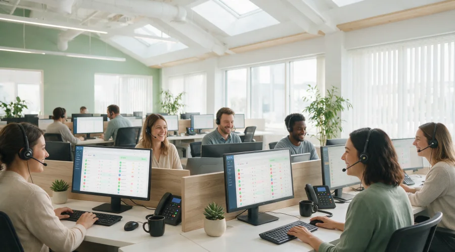 Customer service team using AI call center software to handle high call volumes.