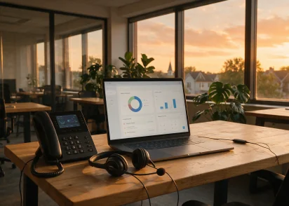 AI outbound call center setup with voice agent analytics dashboard and sales phones.