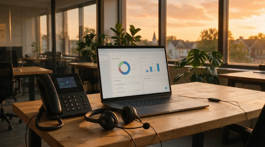 AI outbound call center setup with voice agent analytics dashboard and sales phones.