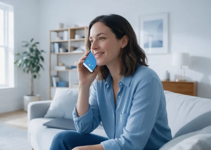 Woman using VoIP phone service on mobile device at home