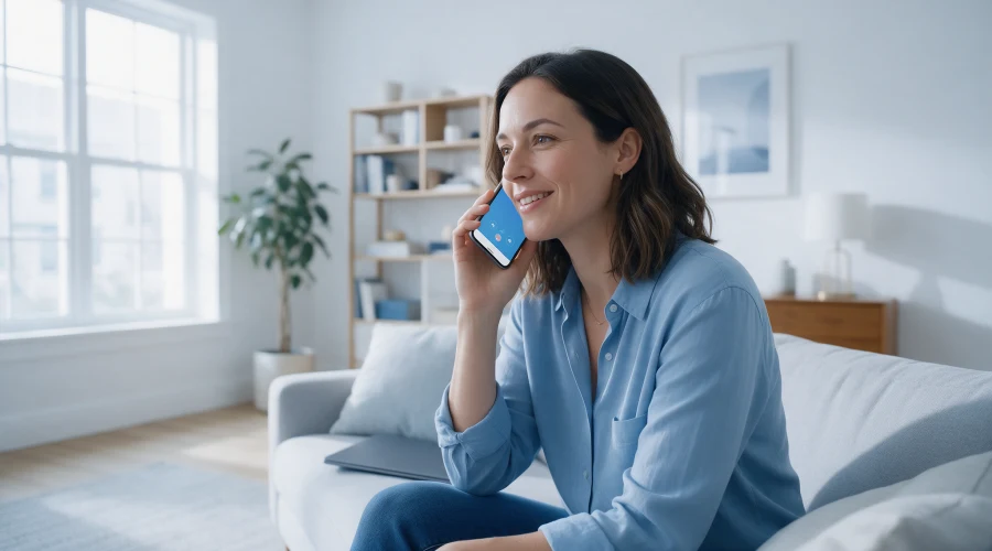Woman using VoIP phone service on mobile device at home