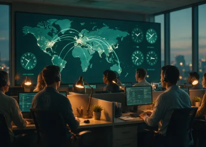 International call center team using VoIP providers for global business communications.