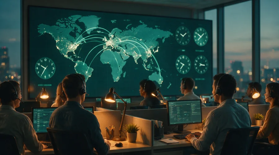 International call center team using VoIP providers for global business communications.