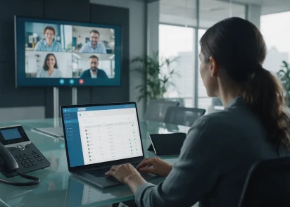 Business team managing cloud based PBX phone system for remote and office communication.
