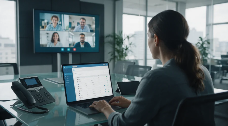 Business team managing cloud based PBX phone system for remote and office communication.