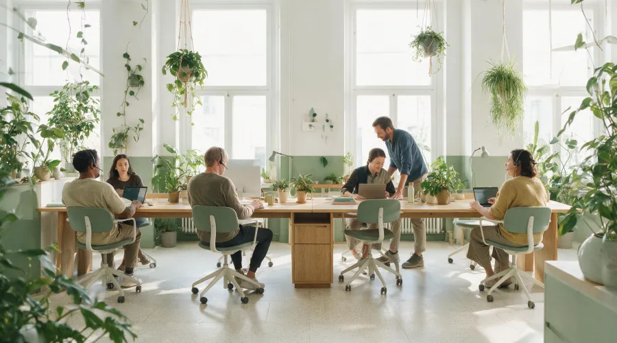 Diverse team using business VoIP system for customer support in a US office.