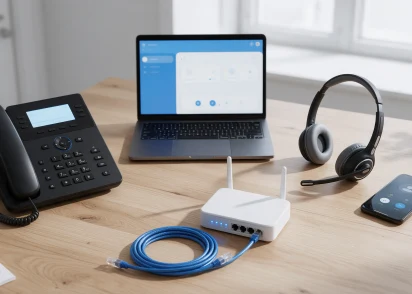 Cloud based VoIP system with connected business phones, laptop, headset, smartphone, and network devices in a modern office.