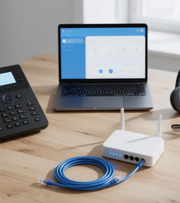 Cloud based VoIP system with connected business phones, laptop, headset, smartphone, and network devices in a modern office.