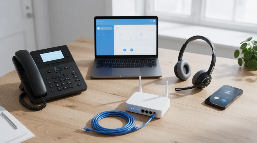 Cloud based VoIP system with connected business phones, laptop, headset, smartphone, and network devices in a modern office.