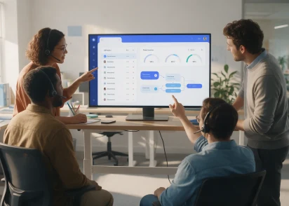 Call center team using inbound call management solution to handle customer routing and queues.