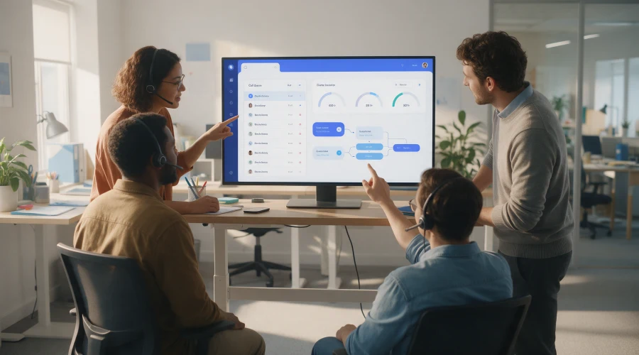 Call center team using inbound call management solution to handle customer routing and queues.