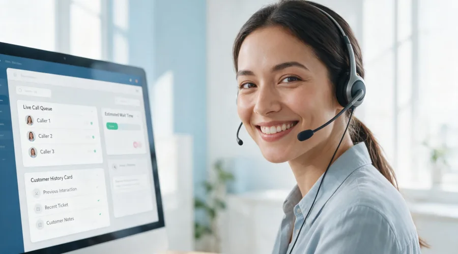 Customer service agent using inbound call center solution to handle customer calls.